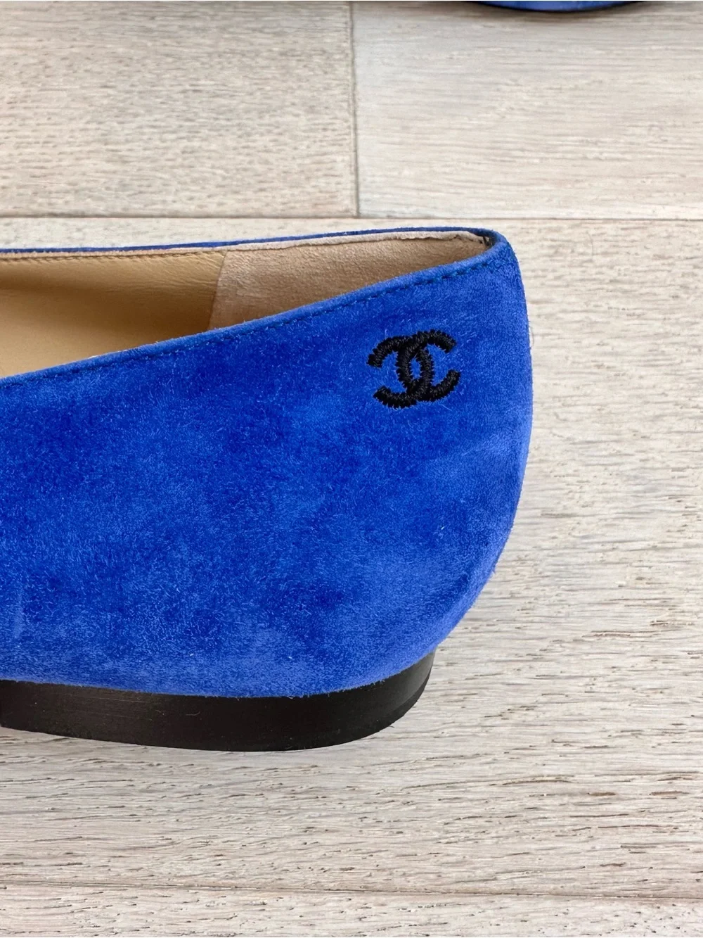 CHANEL Royal Blue Suede Pointed Flats with Black Satin Toe